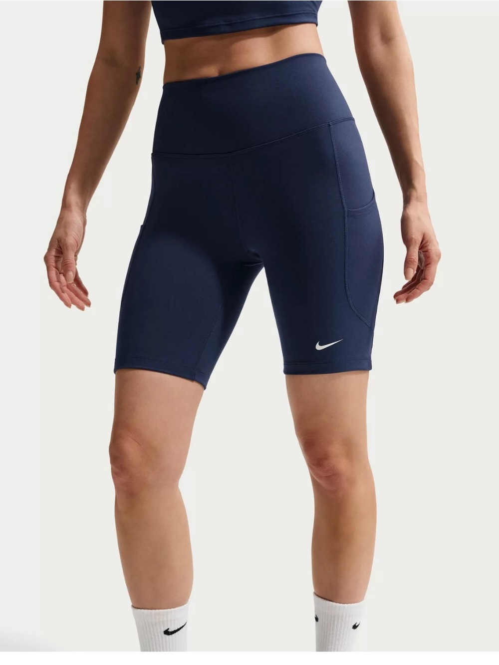 Nike One High Waisted 8" Inseam Navy Blue Biker Shorts with Pockets Short Medium